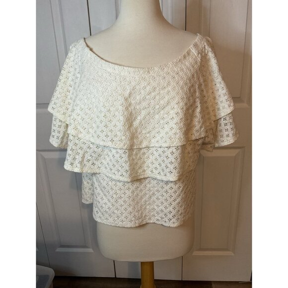 Banana‎ Republic Ivory Cream Off Shoulder Lace Top Blouse Ruffle Tiered Medium - Picture 2 of 7